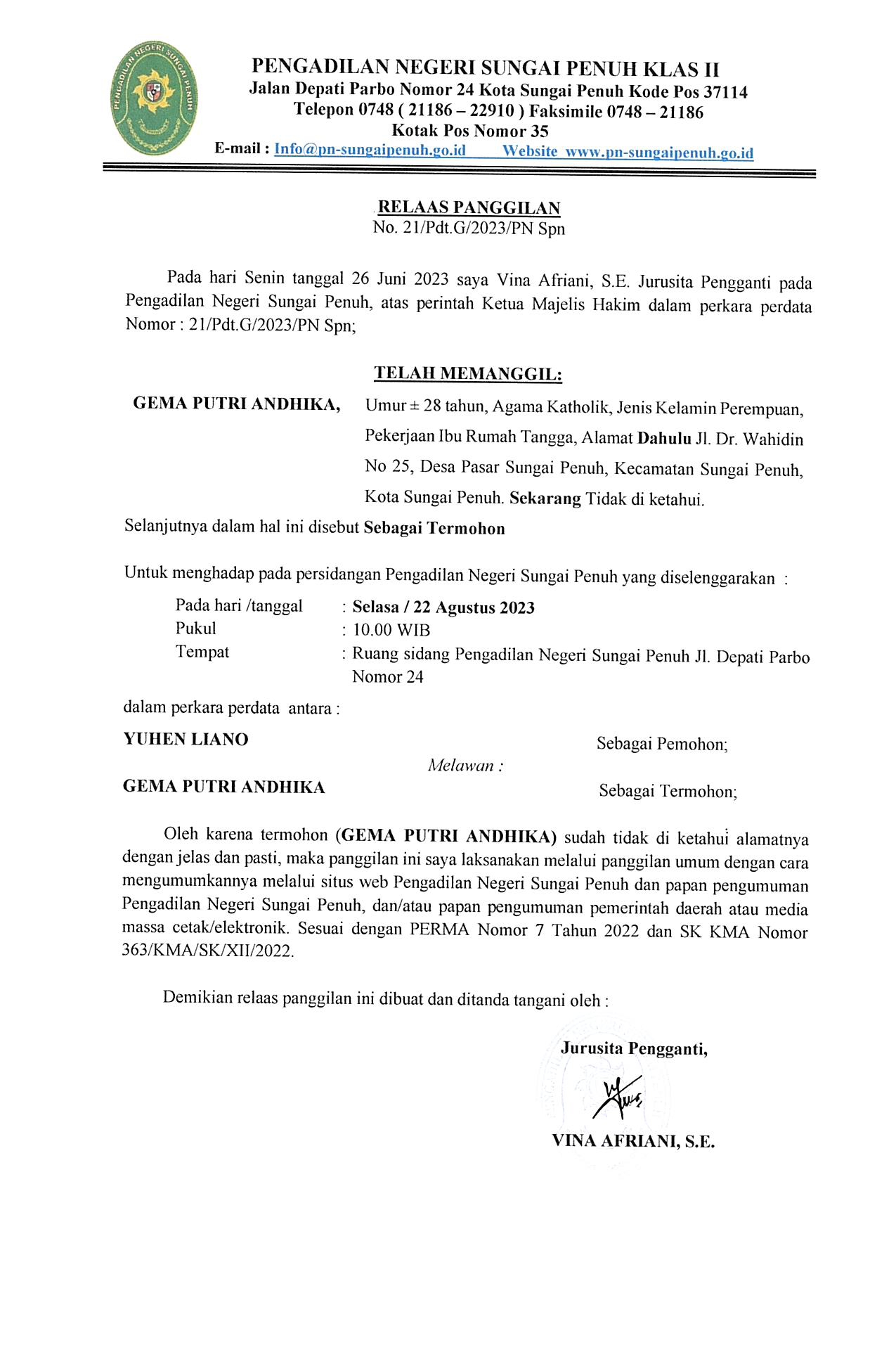 Panggilan Sidang Perkara No. 21/Pdt.G/2023/PN Spn